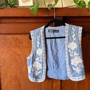 Zara Blue and White Embroidered Vest